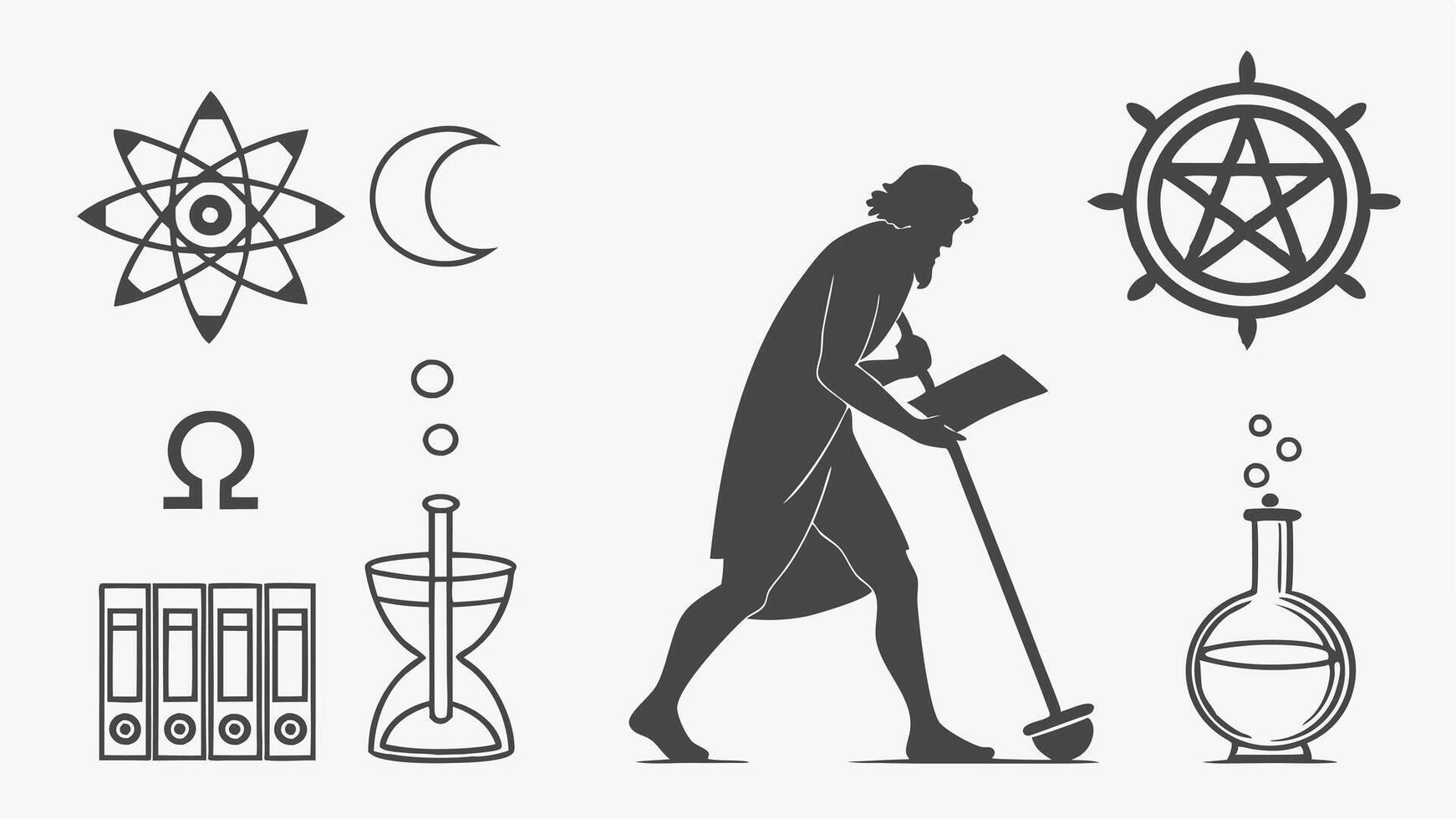flat icons silhouettes of ancient alchemy tools, transmutation circles, and runes for mystical science themes vector