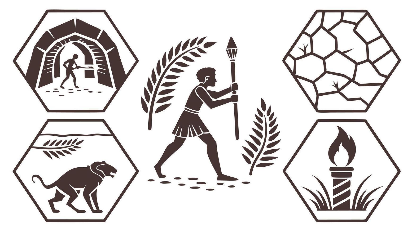 flat icons silhouettes of ancient caves, mysteries, prehistoric paintings, and flowing rivers vector