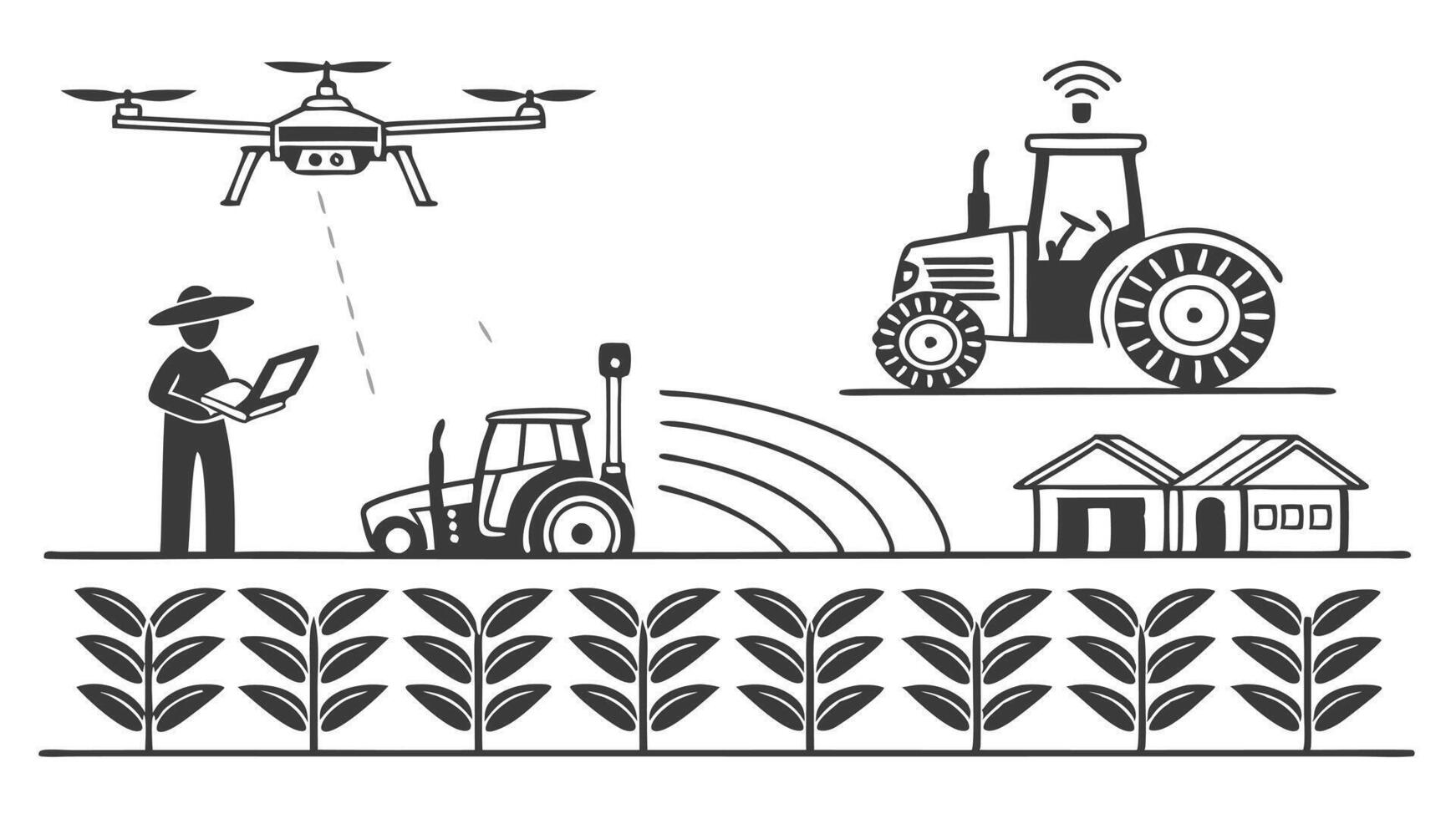 flat icons silhouettes displaying futuristic farming with drones and automated greenhouses. vector