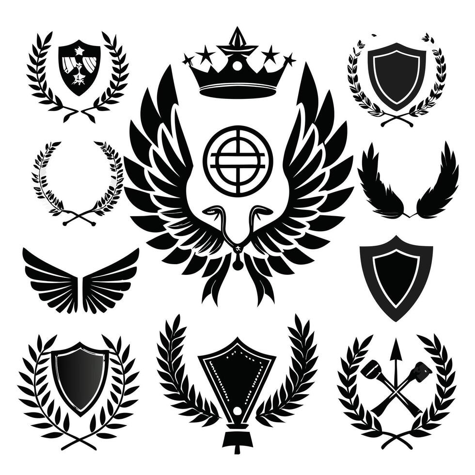 elegant icons of laurel wreaths, shields, wings, ribbons, and heraldry for awards and badges vector