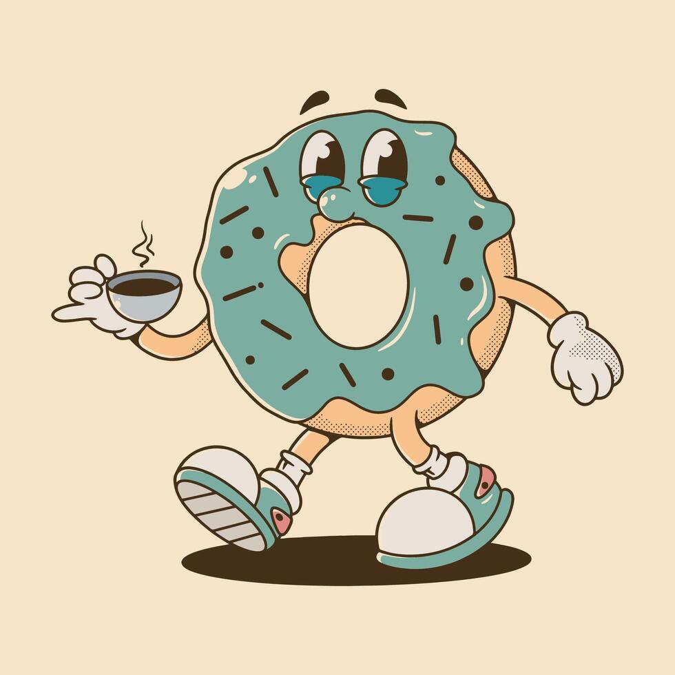 Retro donut mascot character holding a cup of coffee vector