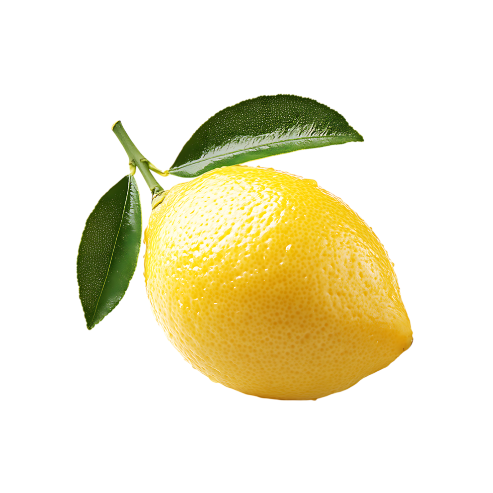 lemon with two leaves against transparent background png
