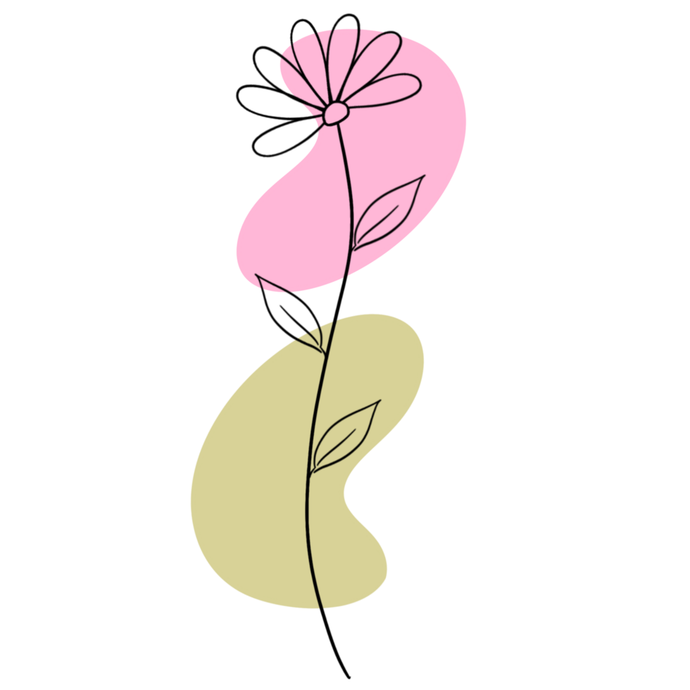 Black flower outline with a stem and leaves on top of green and pink colours, Abstract png