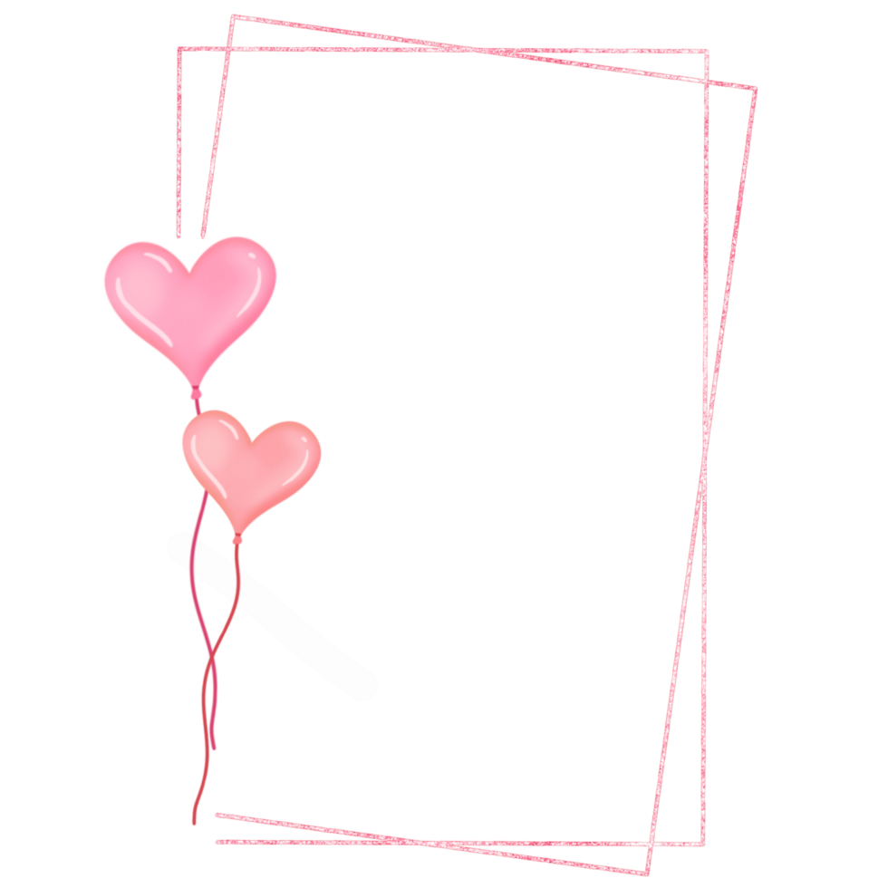 Pink rectangle frame with two heart shaped balloons png