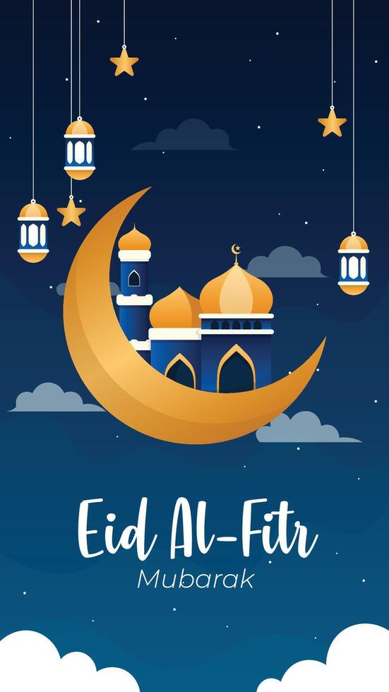Eid Al Fitr Moon and Mosque Greeting Card with Lantern and Stars on Night Blue Background vector