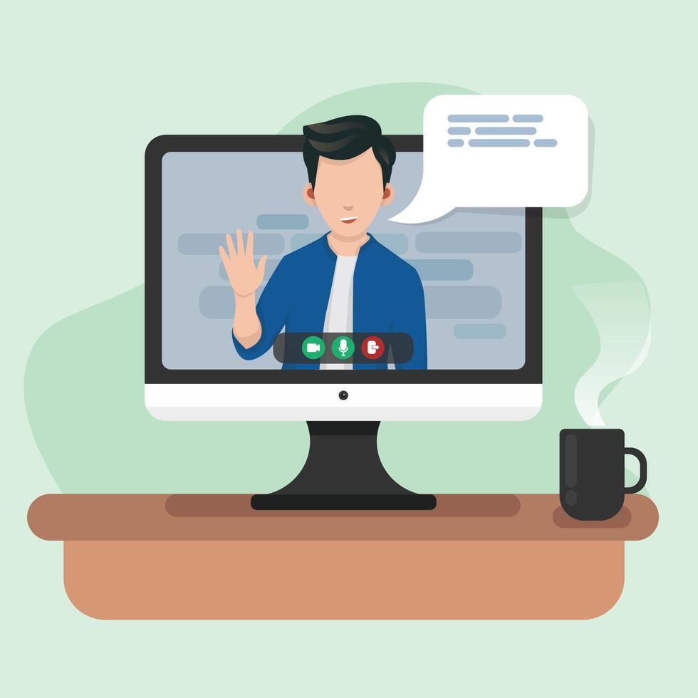 Online Meeting Illustration with Laptop Computer and a Cup of Coffee vector