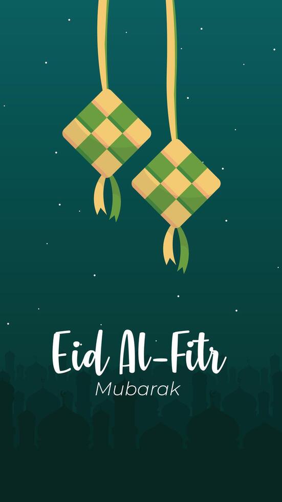 Eid Al Fitr Greeting Card with Green Mosque Silhouette and Green Background vector