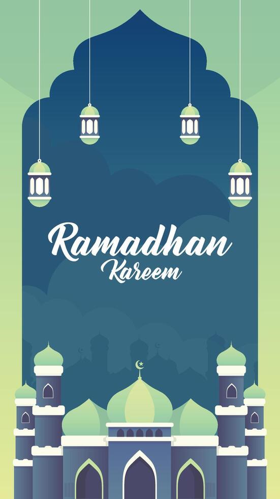 Ramadan Kareem with Green and Blue Mosque and Lantern vector