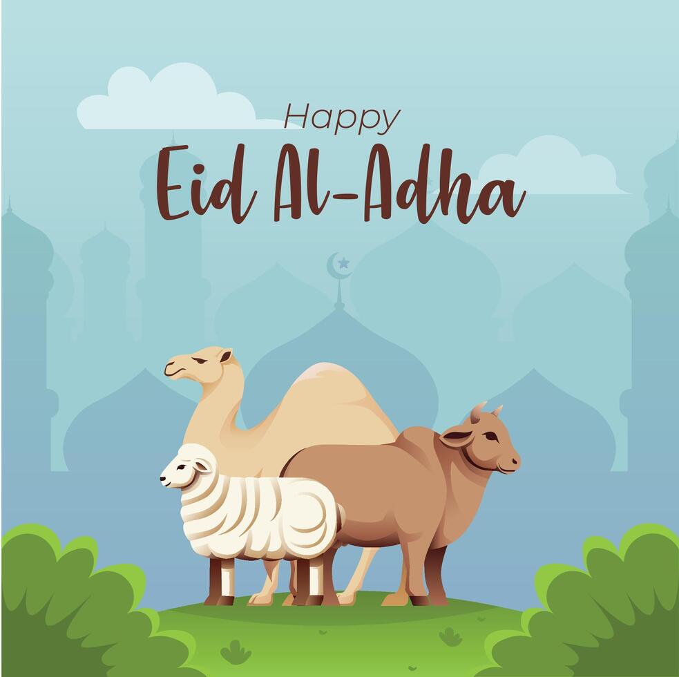 Eid al Adha Illustration with Mosque Silhouette and Camel Cow Sheep vector