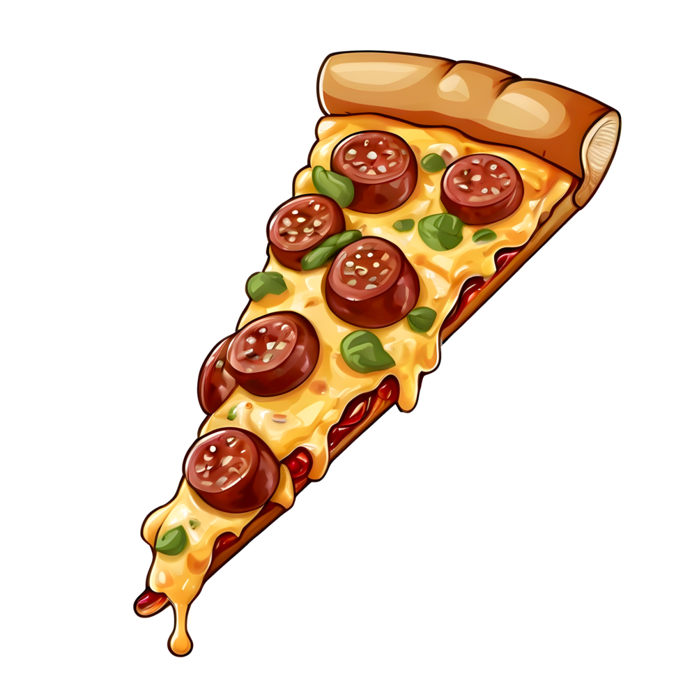 Cartoon Pizza slice with sausage and cheese on a transparent background png