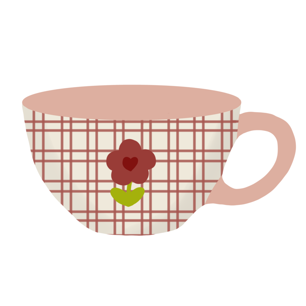 A soft beige cup adorned with a classic red plaid pattern, featuring a charming red flower with a heart-shaped center. The muted pink rim and handle add a warm, vintage touch png