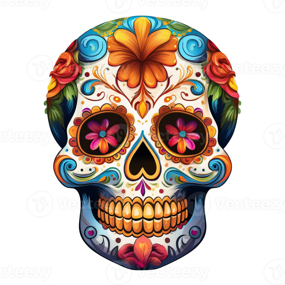 Sugar skull with flowers pattern on transparent background png