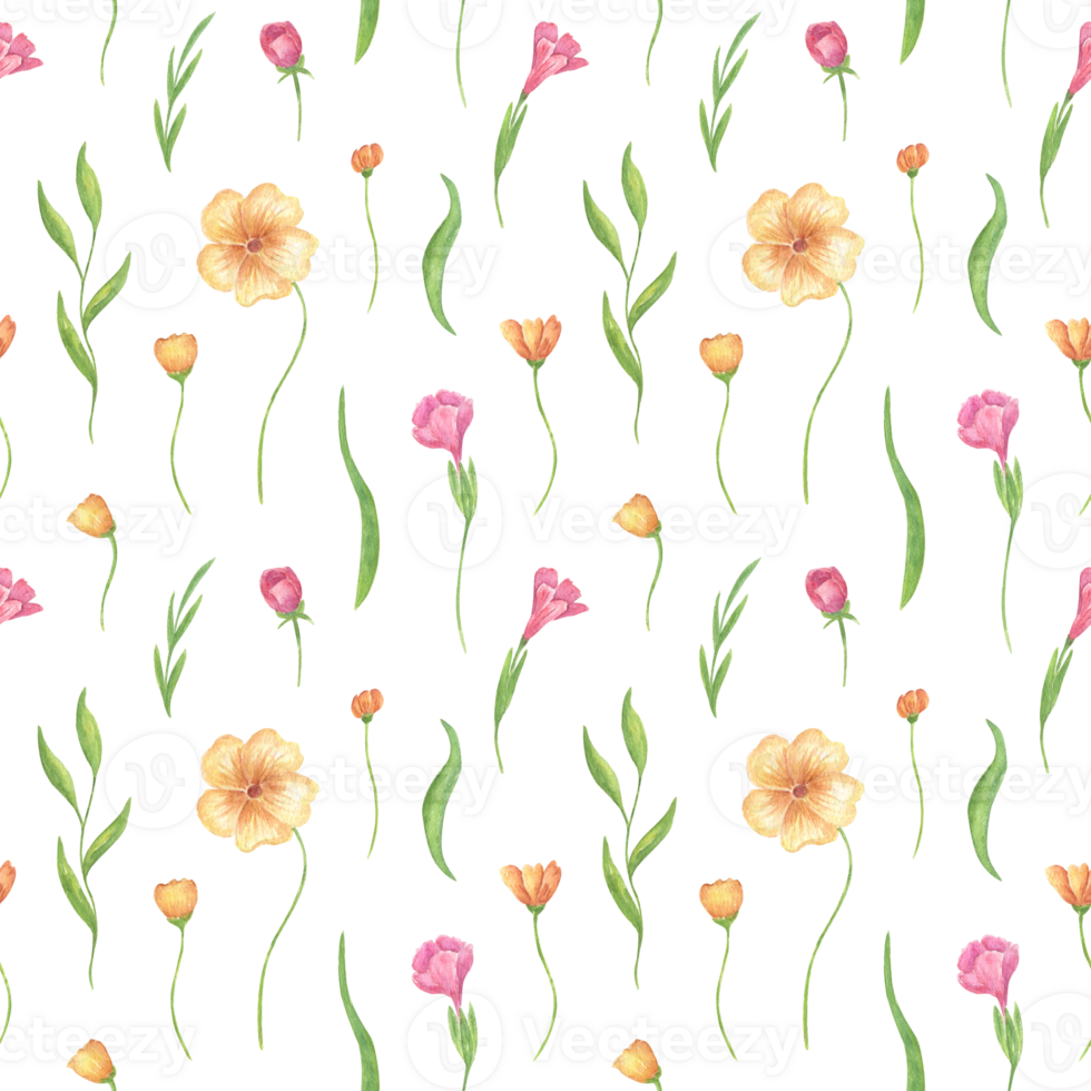 Watercolor seamless floral pattern with delicate summer, spring violets, pink and yellow flowers. Botanical design of meadow grasses for textiles, fabrics and wallpaper in rustic style. png