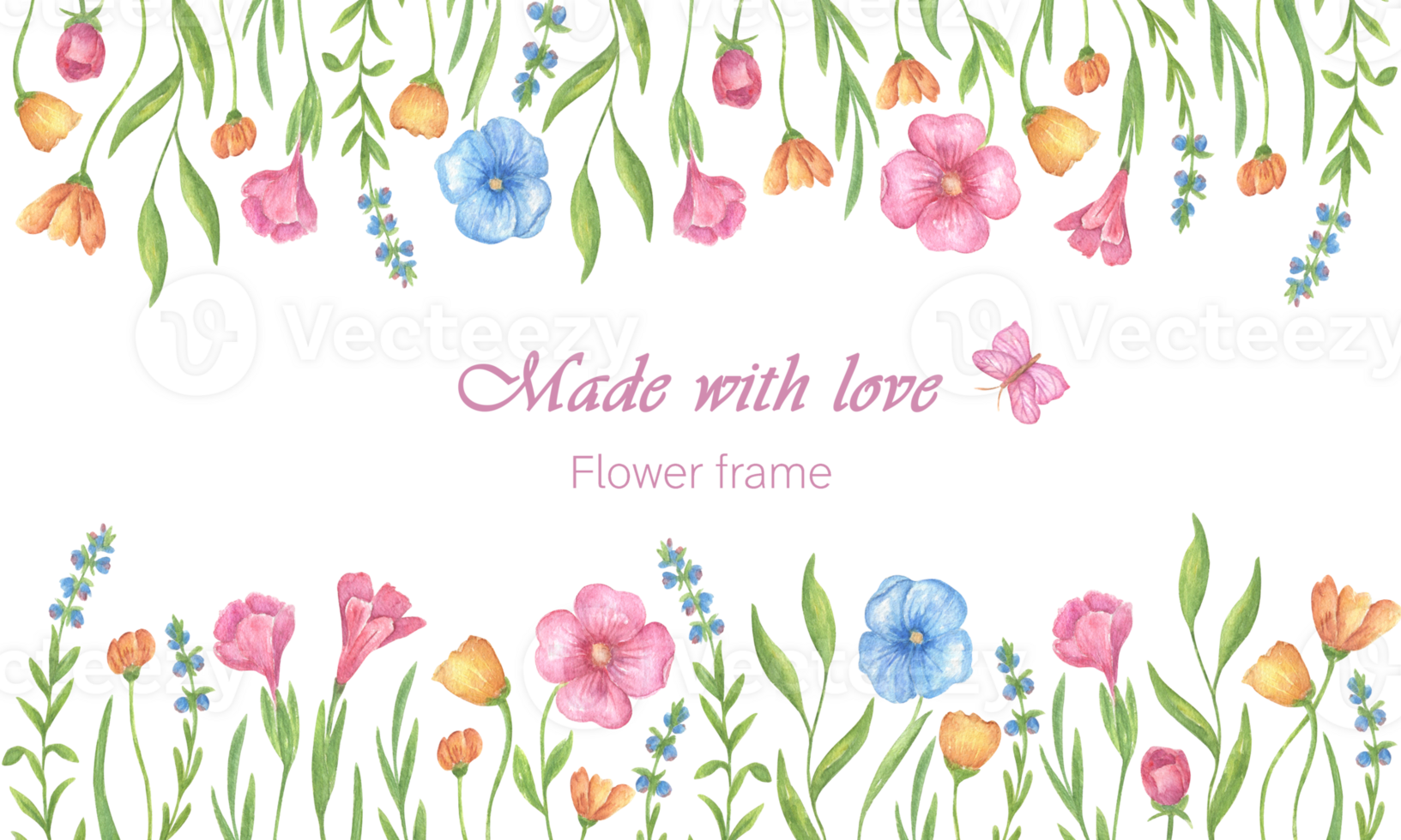 A horizontal frame of bright summer flowers, yellow, blue, pink violets, made in watercolor. Elements of floral design. Elegant flower frame illustration for wedding invitations, postcards, background png