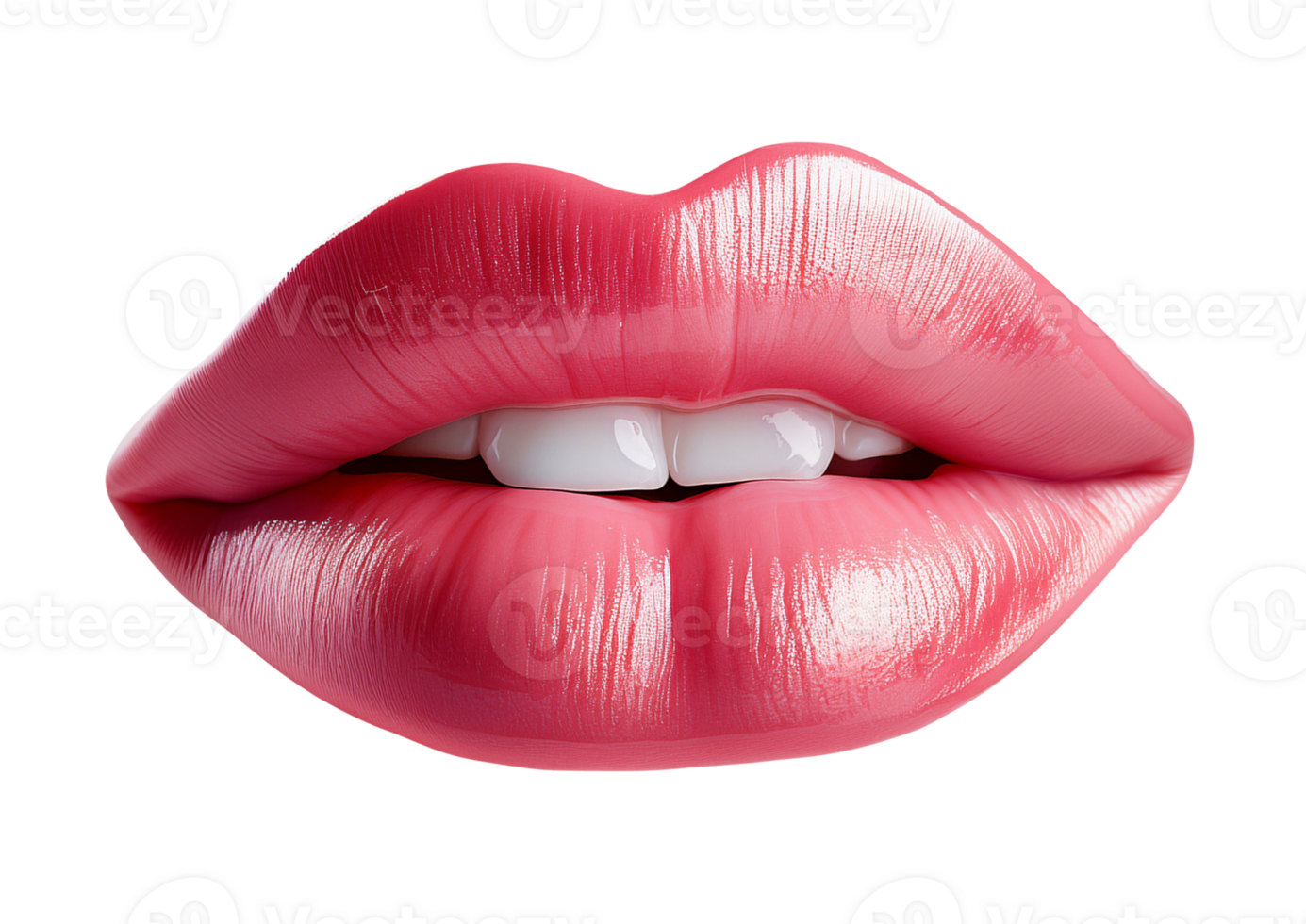 Close-up of pink glossy lips with perfect teeth png