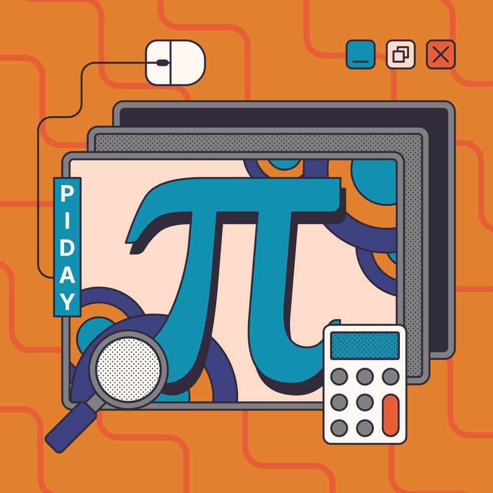 Vibrant Pi Day Digital Celebration Illustration with Calculator, Magnifying Glass, and Mouse Against an Orange Background vector