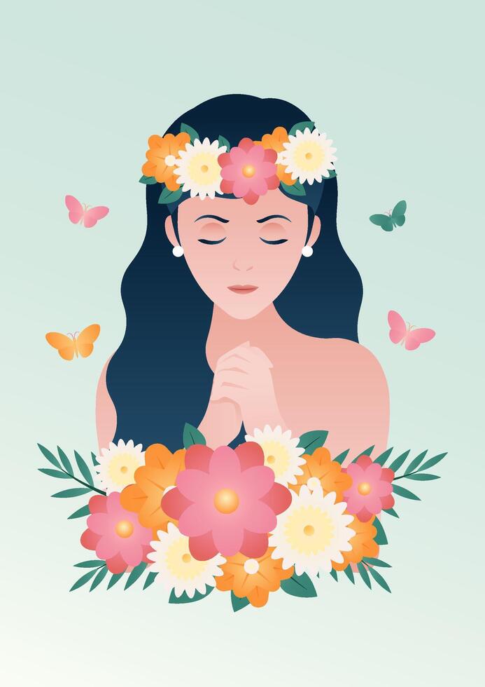 Praying woman with flowers and butterflies illustration vector