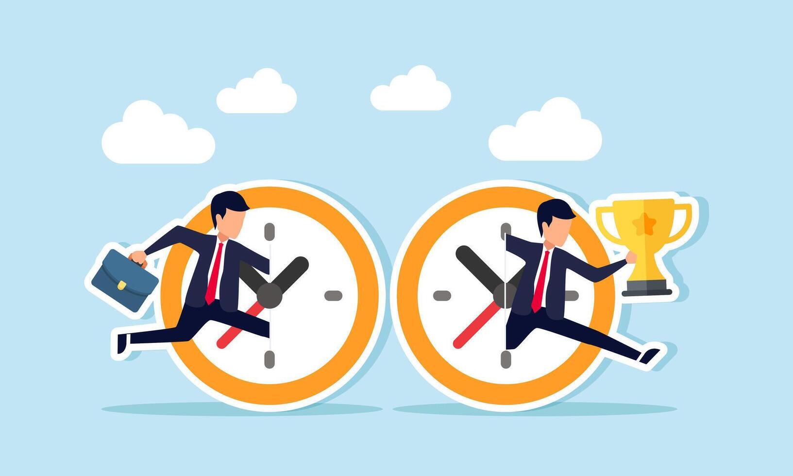 A businessman carries a trophy and a briefcase through a portal between two clocks, illustration of effectiveness and efficiency in completing work to become a leading company vector