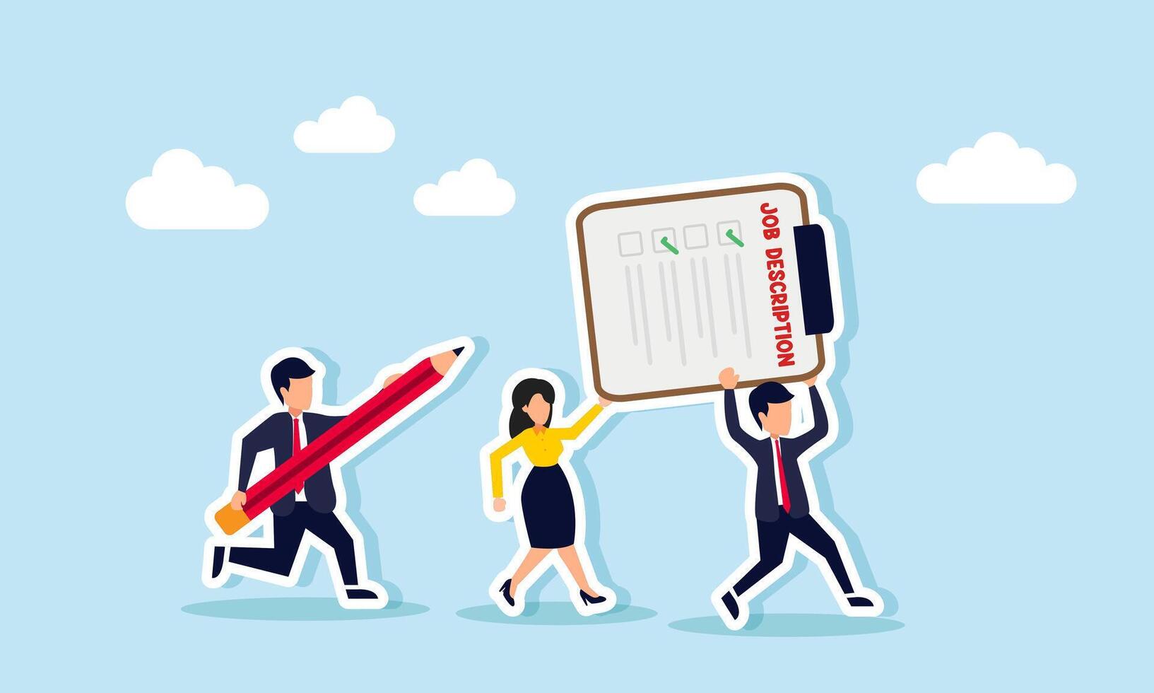 Businessman carries a pencil chasing a businessman and businesswoman running together lifting a job description board, illustration of a deadline in completing task lists vector