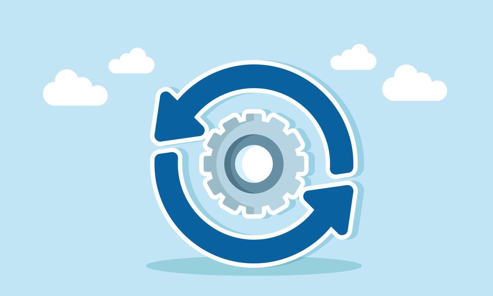 The recycle symbol surrounds a system gear, illustration of a refresh for business systems vector