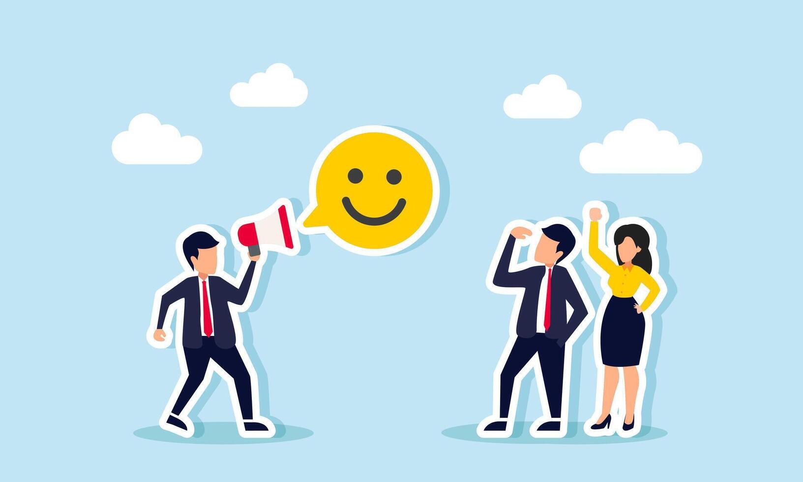 A businessman talks to another entrepreneur use a megaphone, forming a happy emoticon in a chat bubble, illustration of promote and education for the team on gaining market attention vector