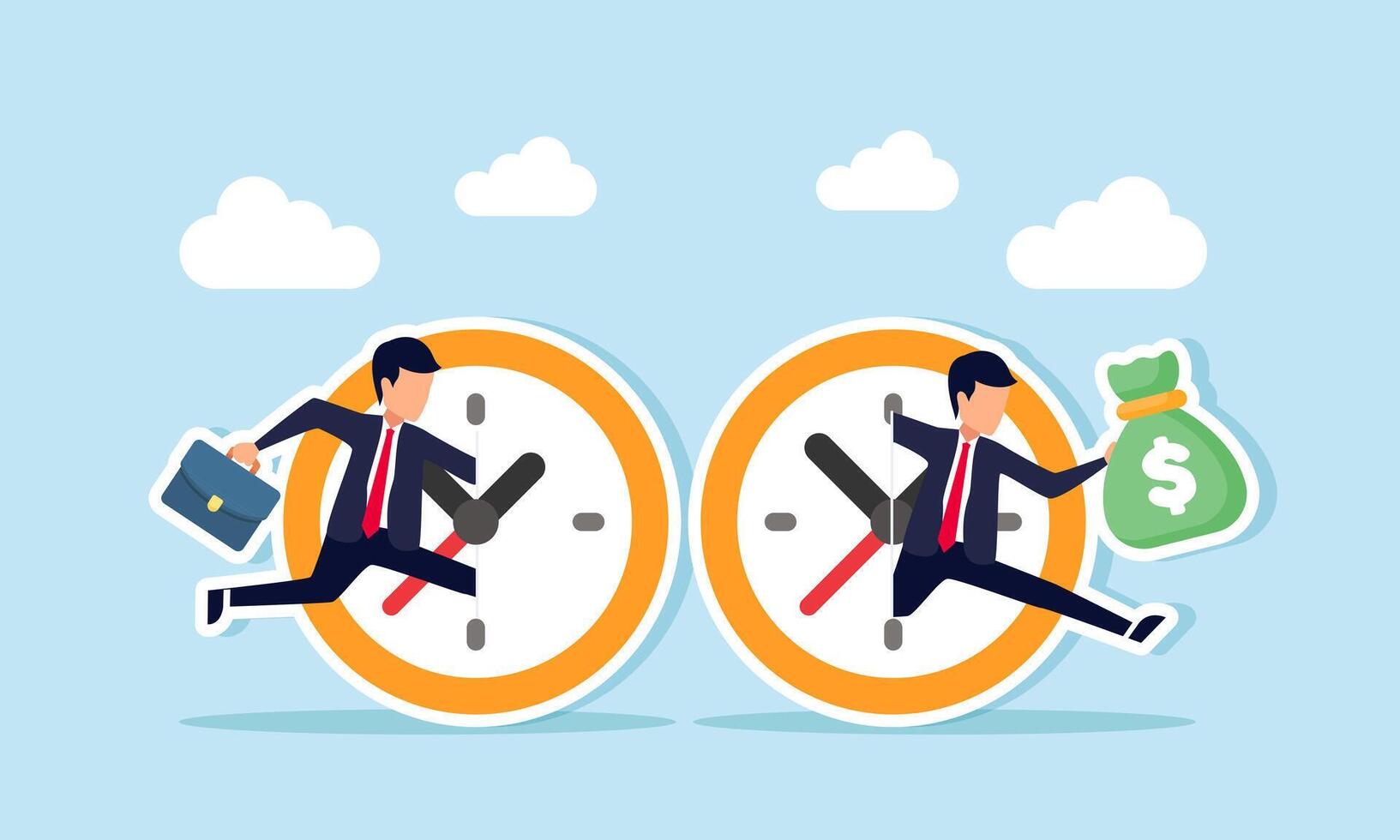 A businessman carries a money bag and a briefcase through a portal between two clocks, illustration of effectiveness and efficiency in completing work to maximize profit vector