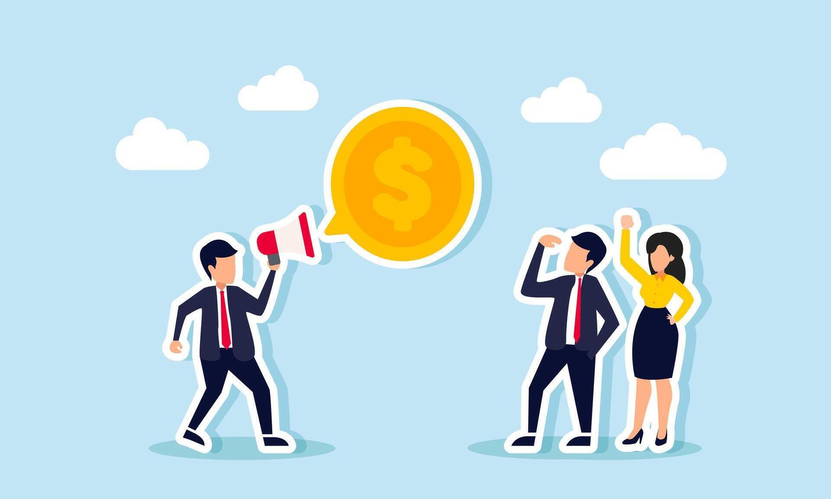 A businessman talks to another entrepreneur use a megaphone, forming a dollar coin in a chat bubble, illustration of promote and education for the team on business financial management vector