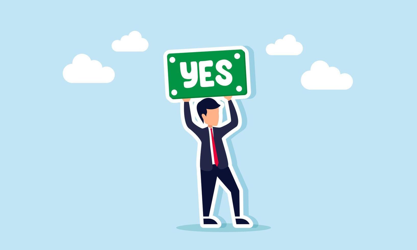 A businessman holds up a sign that says YES, illustration of agreement and approval related to suggestions and input vector
