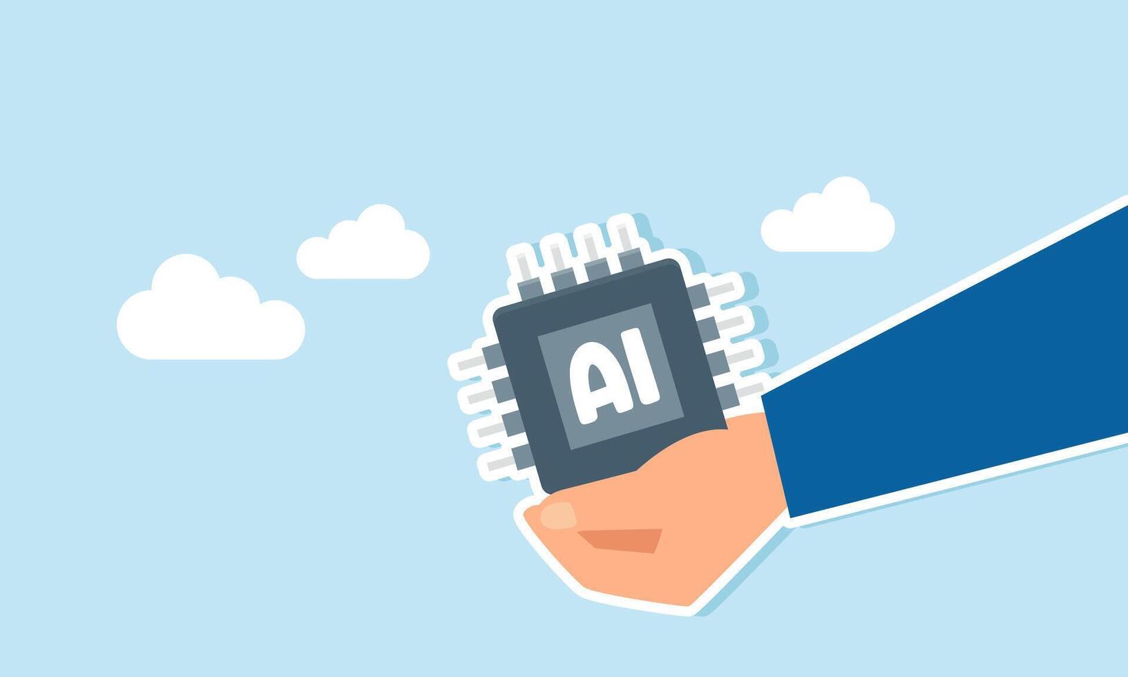 A hand holds and offers an AI processor chip, illustration of offering AI technology for business operations vector