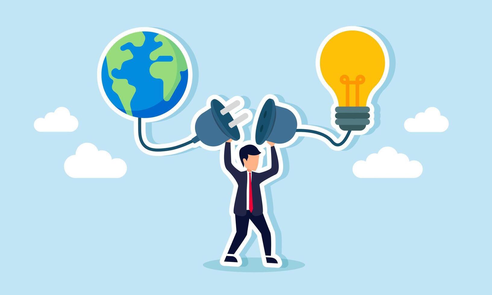 A businessman prepares to connect a power plug linked to a globe and a lit lamp, illustration of connectivity between business market coverage and creative ideas and innovation vector