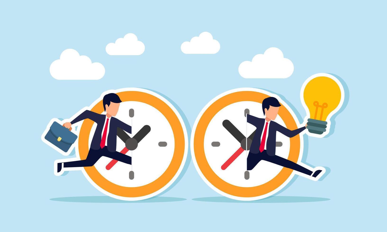 A businessman carries a lamp and a briefcase through a portal between two clocks, illustration of effective and efficiency in complete work to implement business ideas properly vector