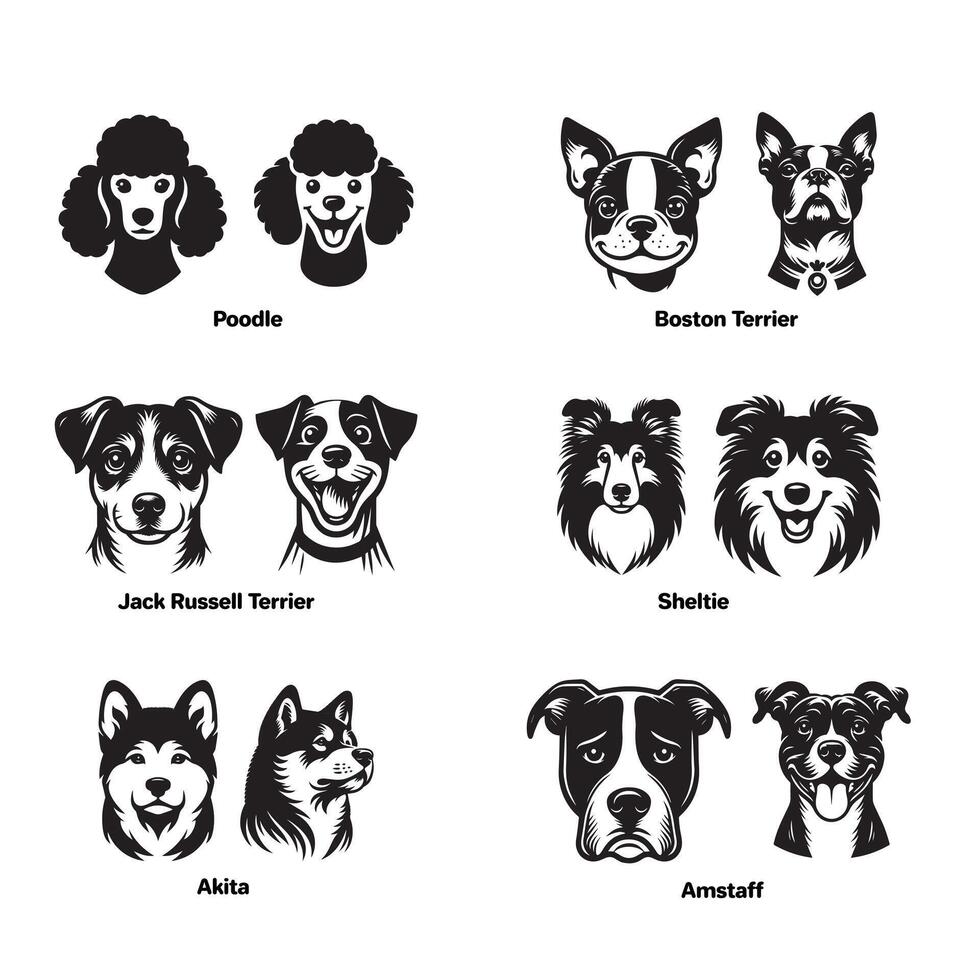 Dog Breed Face Illustrations and Head Silhouette Designs Pack vector