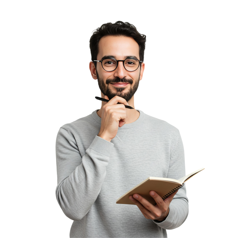 Smiling Man in Glasses Holding Notebook and Pen png