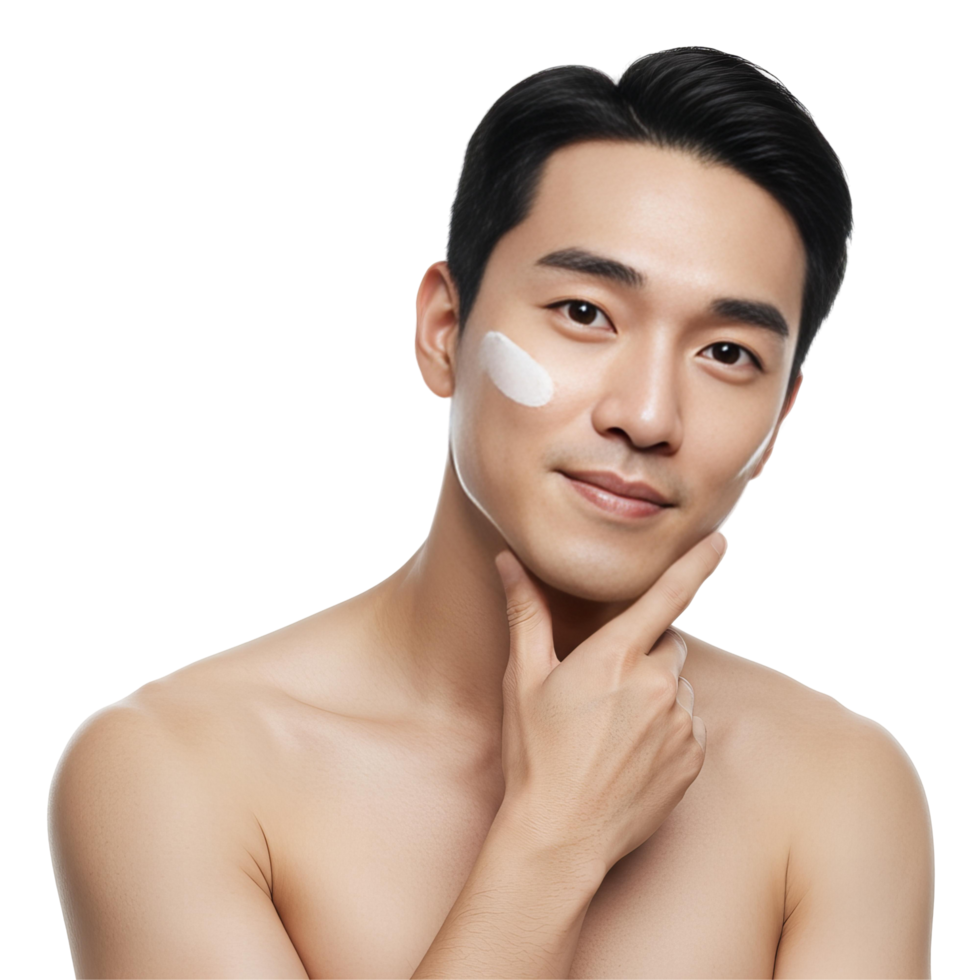 Asian Man Applying Face Cream Skincare Routine png
