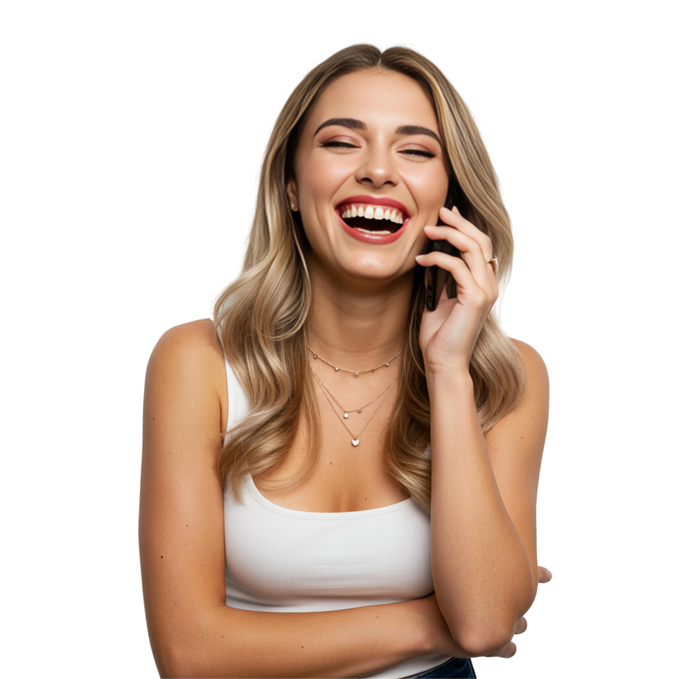 Cheerful Young Female Enjoying Conversation on Mobile png