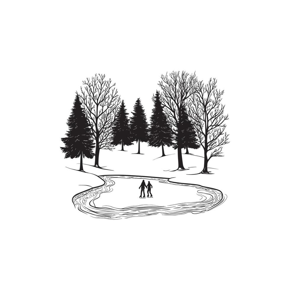 Ice Skaters on a Frozen Pond Christmas Scene Illustration vector