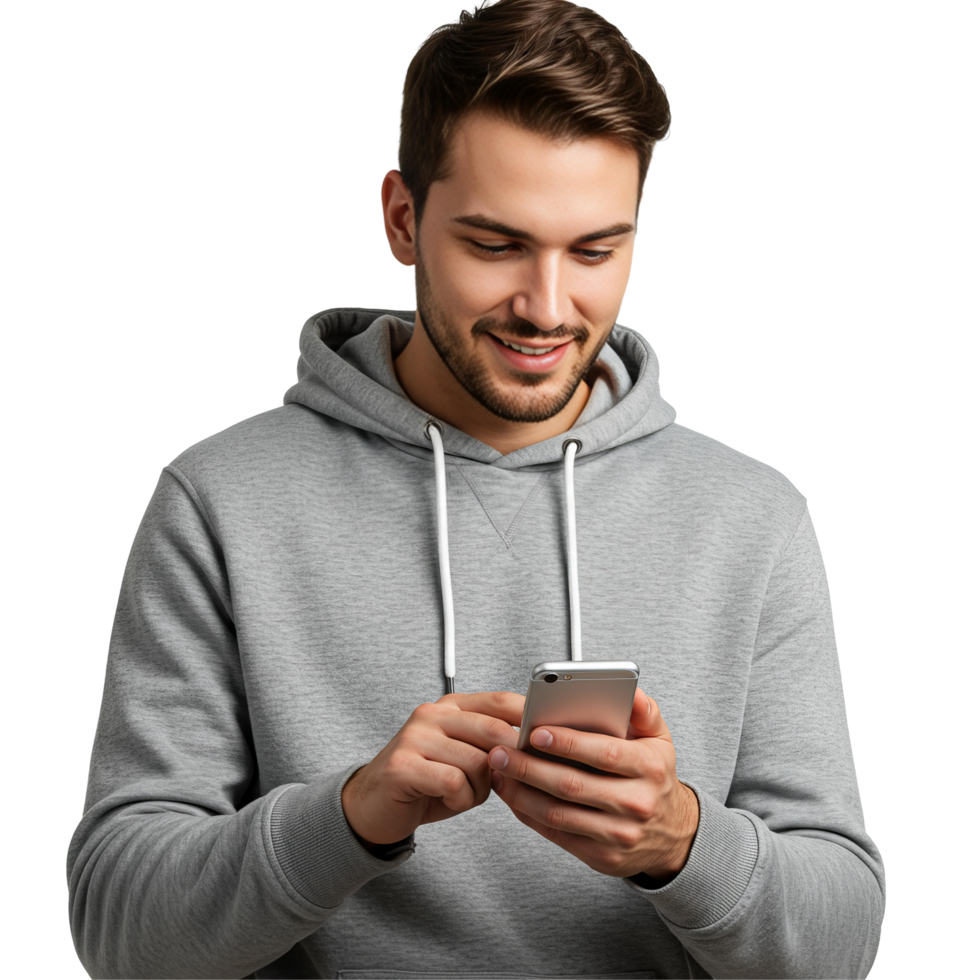 Smiling young man using smartphone in hoodie png