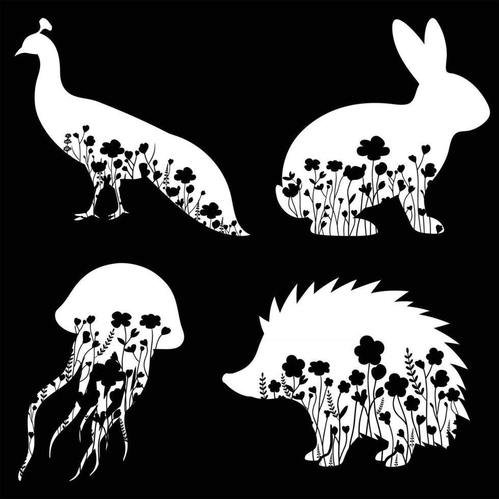 Black and White Floral Animal Illustrations Jellyfish Rabbit and Peafowl vector