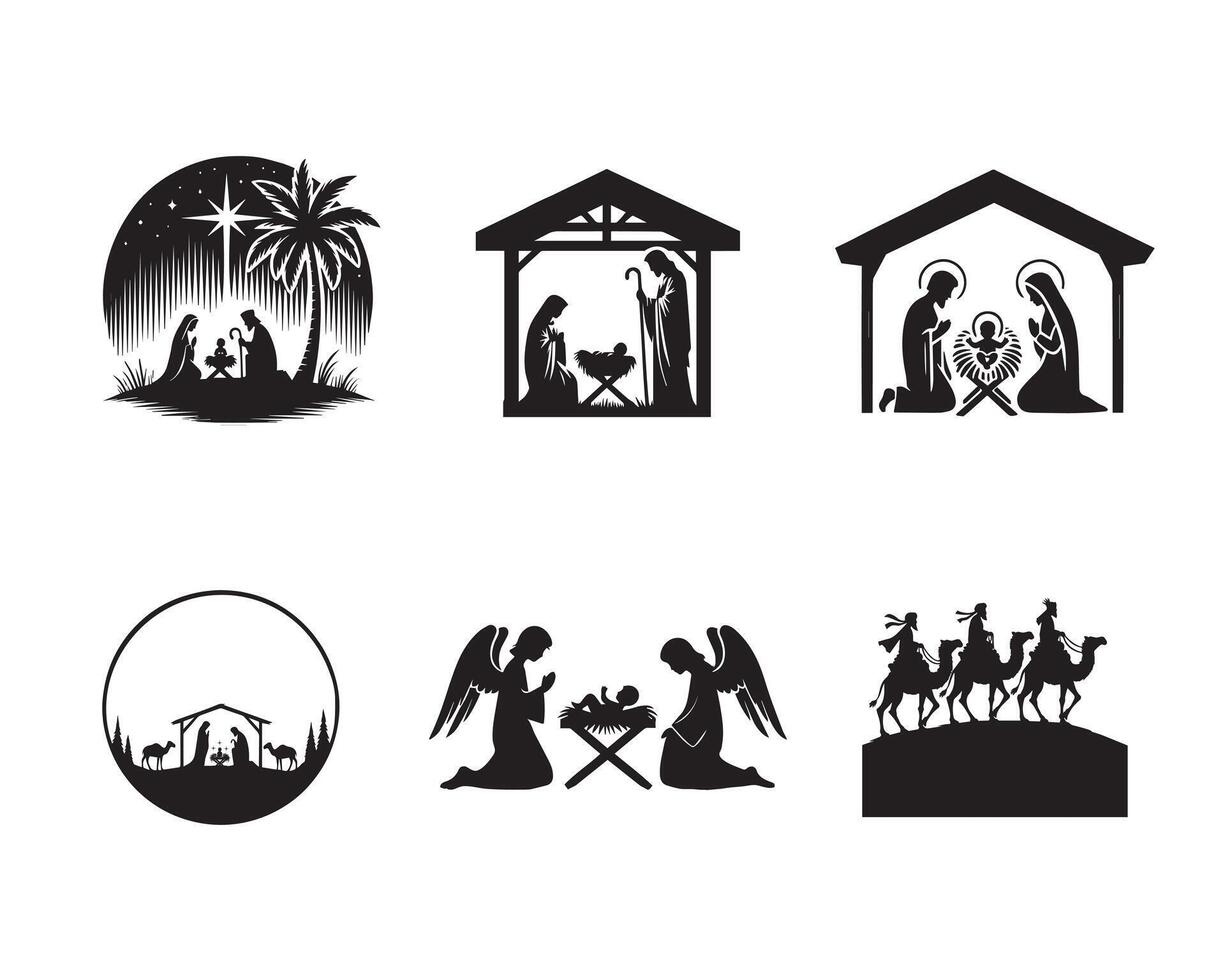 Nativity Scene Illustrations and Silhouette Design Collection vector