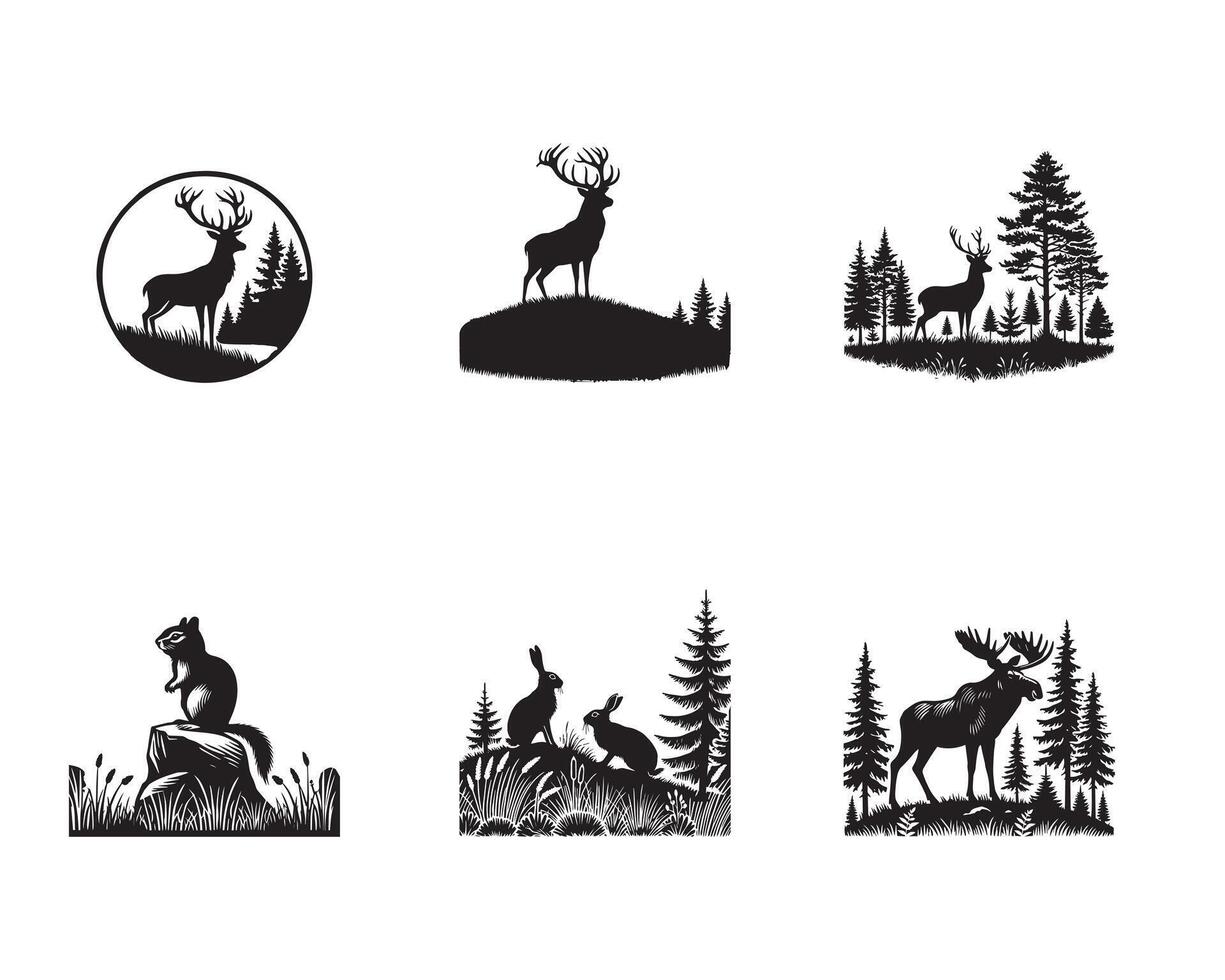 Woodland Silhouettes and Forest Animal Illustrations Collection vector