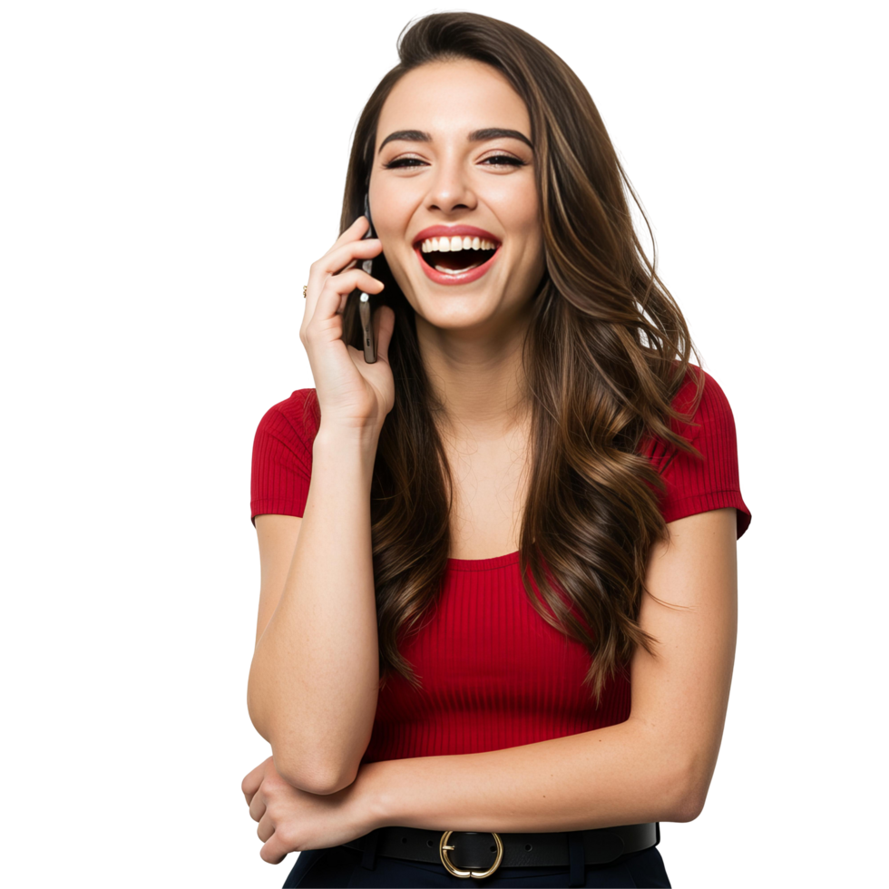 Happy Female with Curly Hair Using Smartphone png