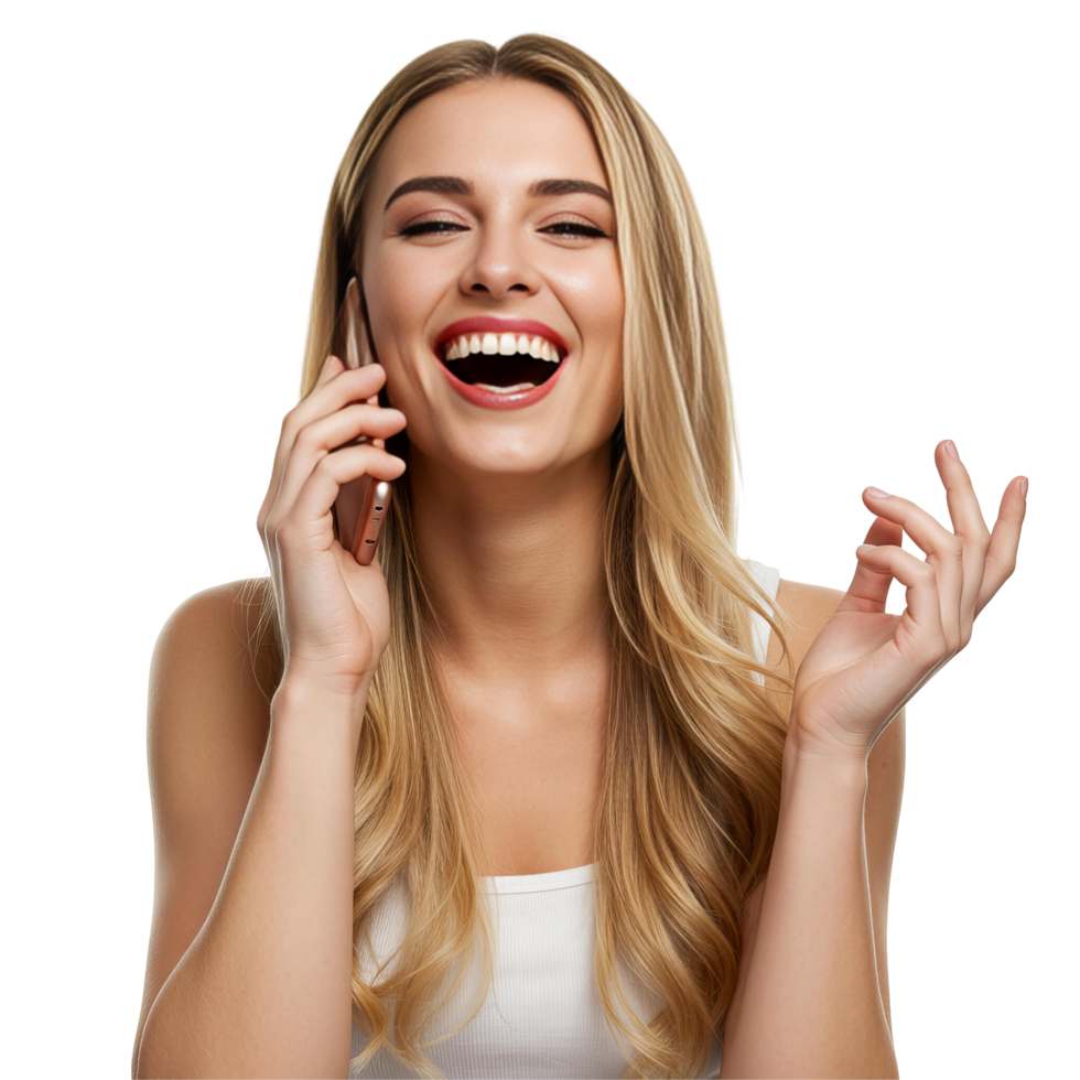 Happy Blonde Woman Laughing While Talking on Phone png