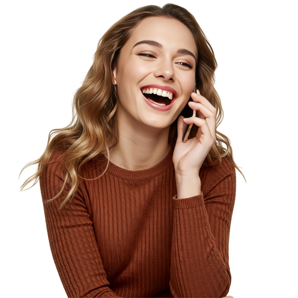 Happy woman talking on smartphone png