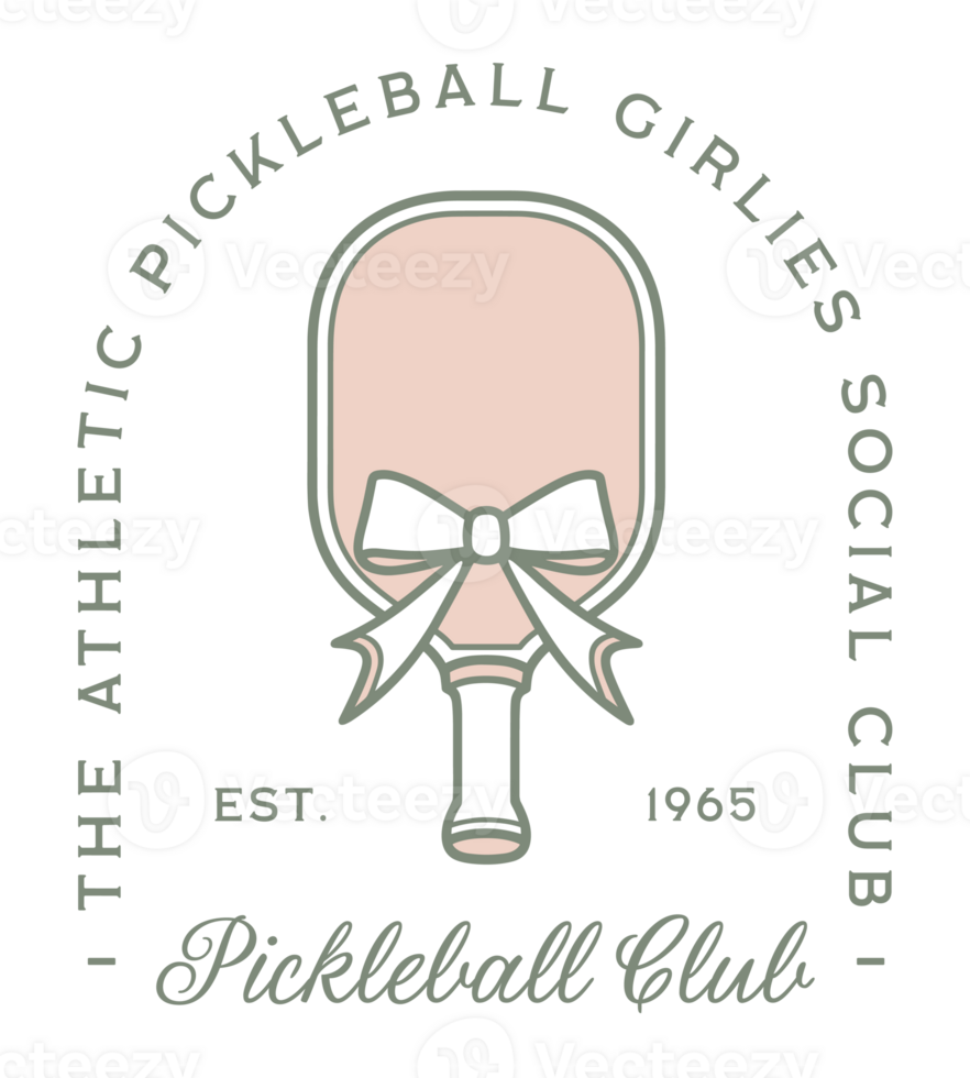 Pickleball social club girls logo badge sticker for athletic girlies training squad women shirt design paddle with bow ribbon preppy coquette retro pink green aesthetic drawing transparent background png