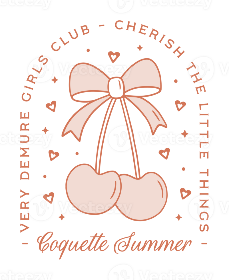 Coquette summer very demure girls club girly preppy orange pink cherry with bow aesthetic retro vintage cute trendy quotes cherish the little things poster sticker shirt design transparent background png