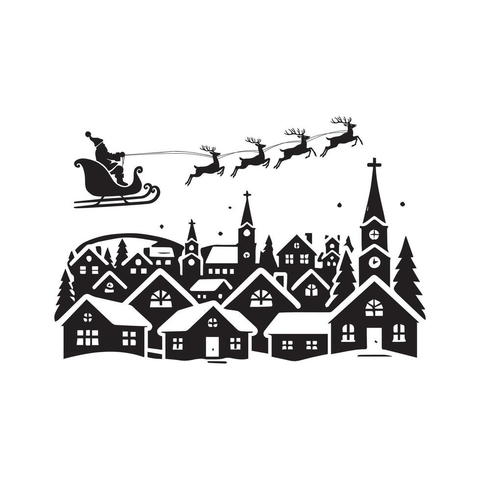 Santa s Sleigh Over Snowy Village Christmas Silhouette vector