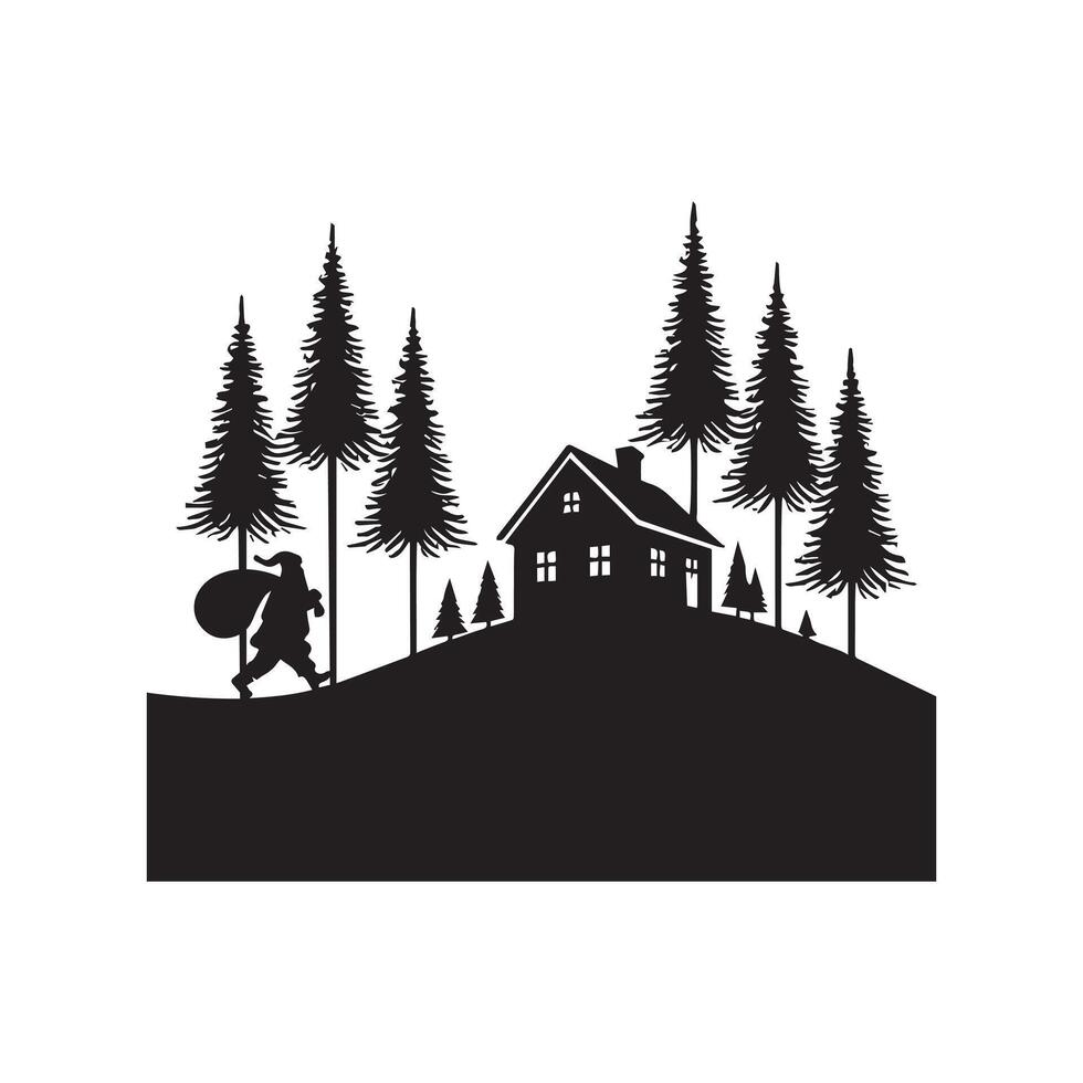 Santa Walking Past House on Hill Christmas Silhouette vector