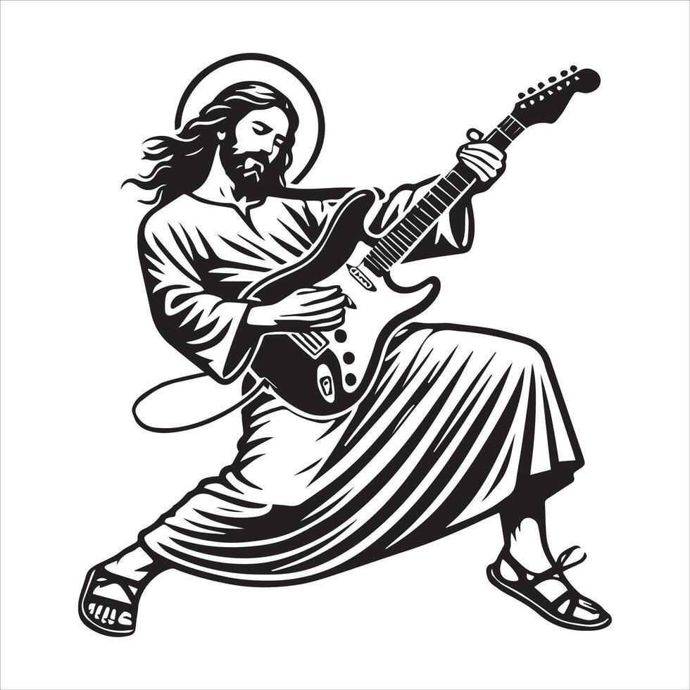 Black and White Funny Jesus Christ Guitarist Illustration Clipart vector