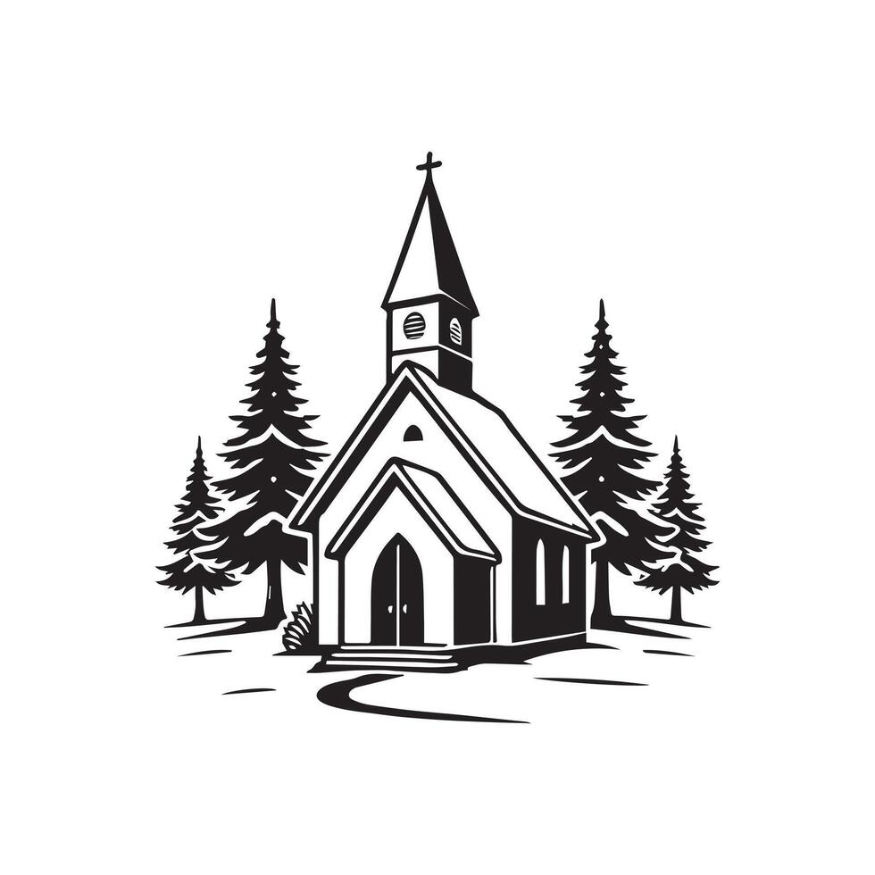 Snowy Christmas Village with Small Church Illustration vector