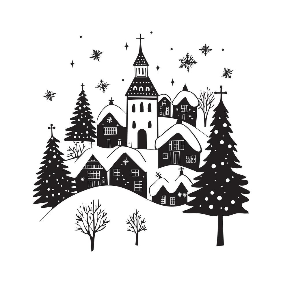 Christmas Winter Scene illustration and Christmas Tree In A Town Clipart Design vector